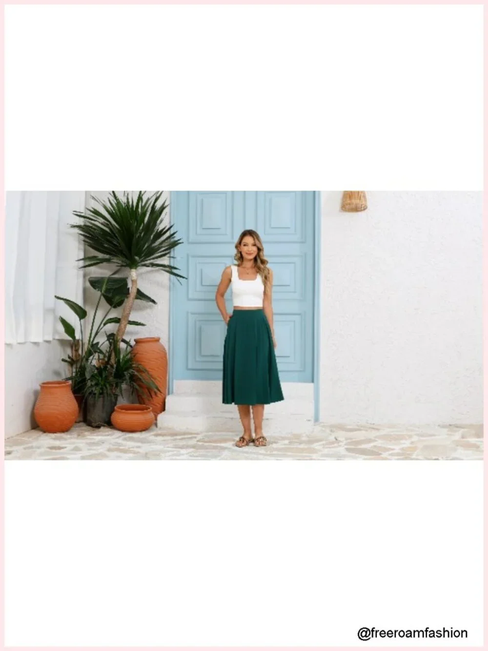 Midi Flowy A-Line Skirt with Pockets Elastic Waist High Waisted Below Knee